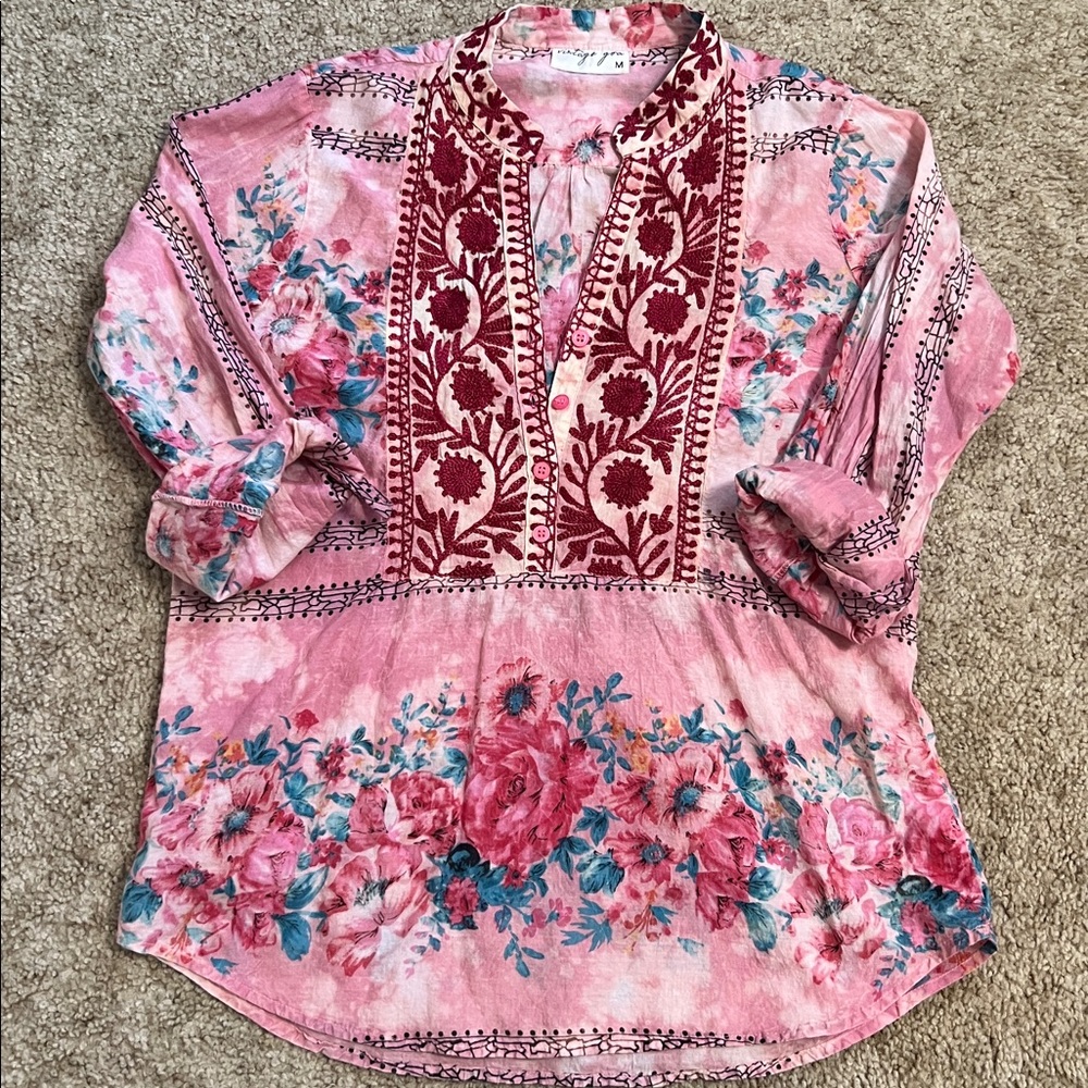 Vintage Goa Pink embroidered Floral Button-Up Blouse
EUC